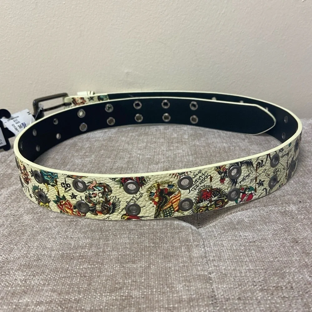 Ed Hardy Beige Eagle Heart Print Belt Men's Size 36